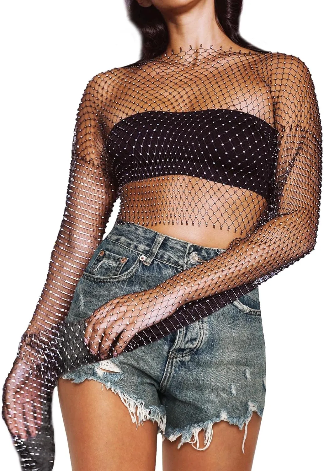 CYCLAMEN Women's Rhinestone Body Chains Long Sleeve Crop Tops Crystal See Through Mesh Diamond Fishnet Shirts Outfits