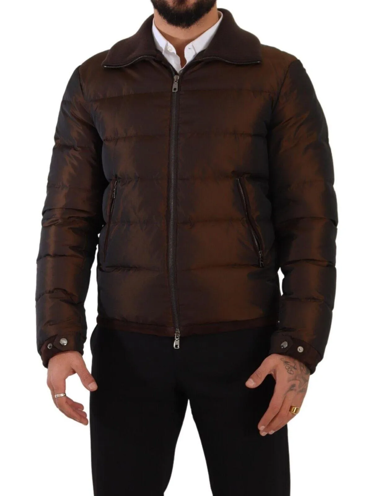 Dolce & Gabbana Brown Polyester Puffer Men Coat Jacket