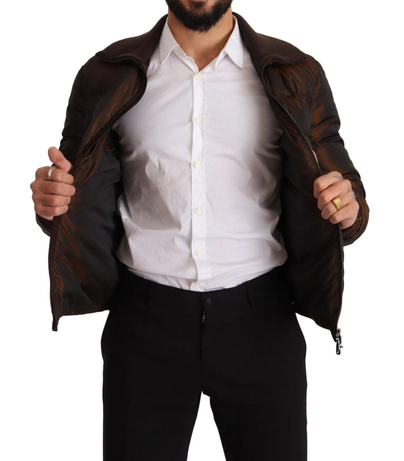 Dolce & Gabbana Brown Polyester Puffer Men Coat Jacket