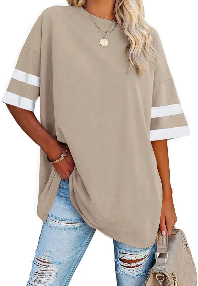 Fisoew Womens Oversized Tees Loose T Shirts Half Sleeve Crew Neck Color Block Cotton Tunic Tops