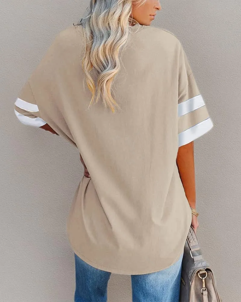 Fisoew Womens Oversized Tees Loose T Shirts Half Sleeve Crew Neck Color Block Cotton Tunic Tops