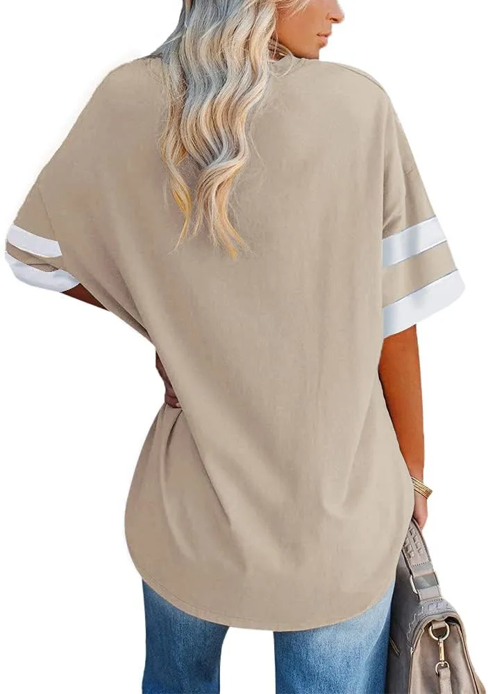 Fisoew Womens Oversized Tees Loose T Shirts Half Sleeve Crew Neck Color Block Cotton Tunic Tops