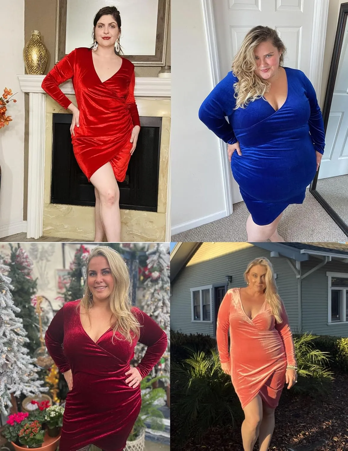 IN'VOLAND Womens Plus Size Long Sleeve Velvet Bodycon Dresses Ruched Wrap V Neck Cocktail Party Dress