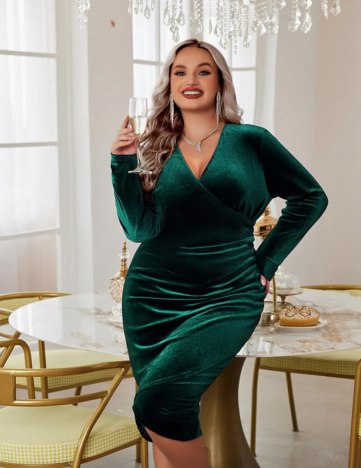 IN'VOLAND Womens Plus Size Long Sleeve Velvet Bodycon Dresses Ruched Wrap V Neck Cocktail Party Dress