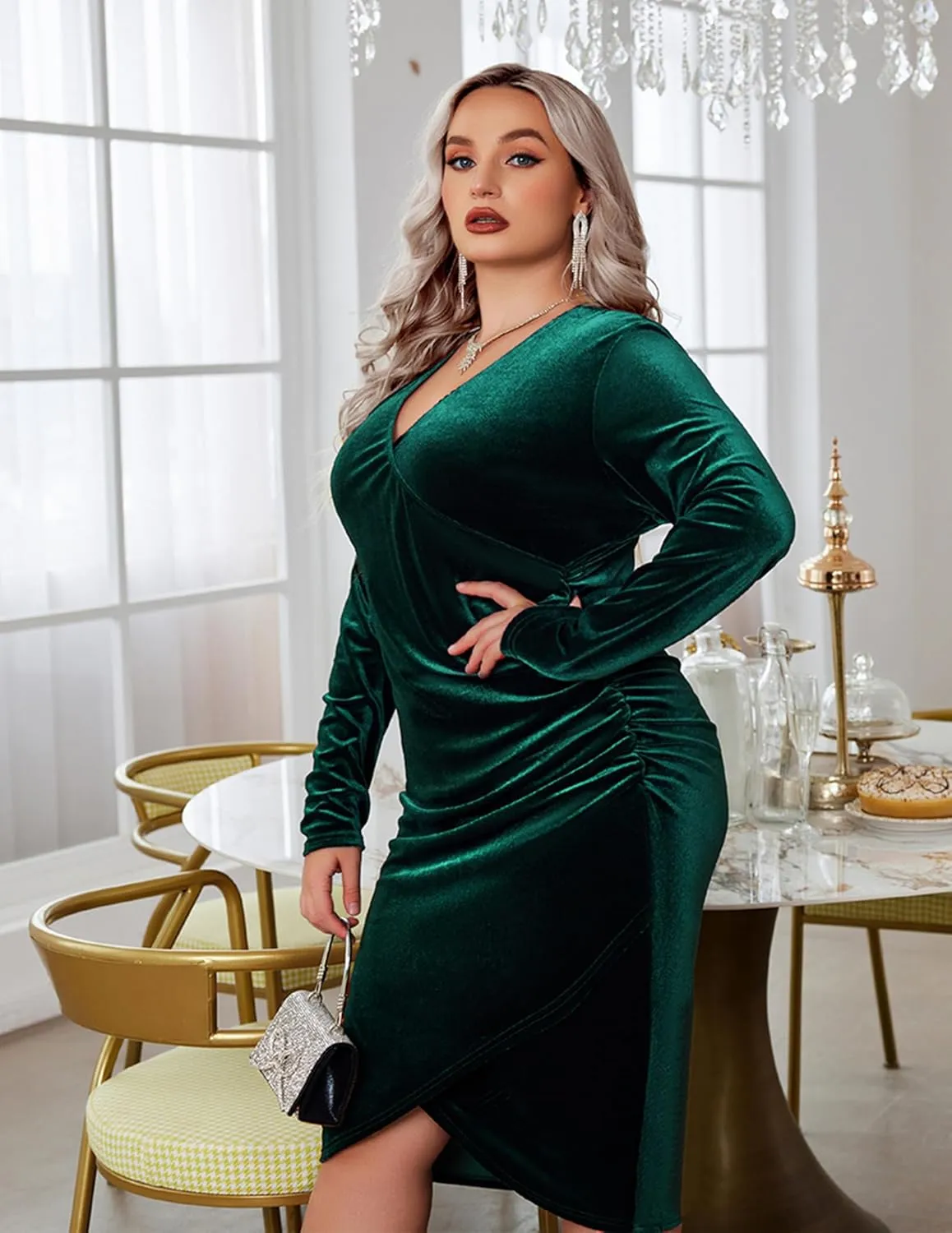 IN'VOLAND Womens Plus Size Long Sleeve Velvet Bodycon Dresses Ruched Wrap V Neck Cocktail Party Dress