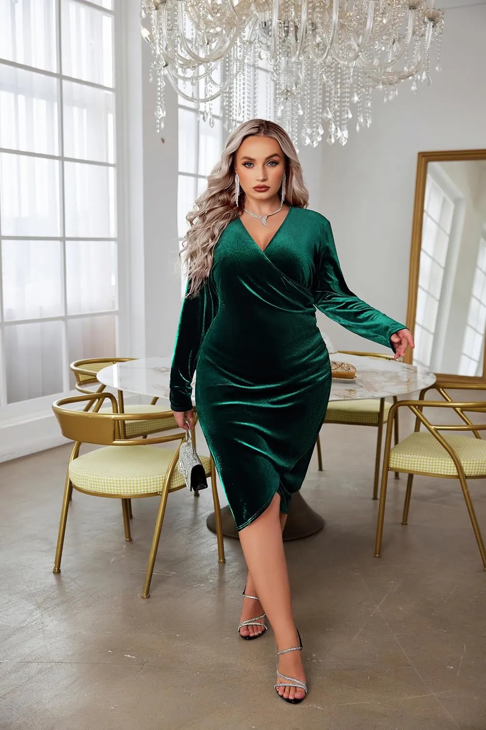 IN'VOLAND Womens Plus Size Long Sleeve Velvet Bodycon Dresses Ruched Wrap V Neck Cocktail Party Dress