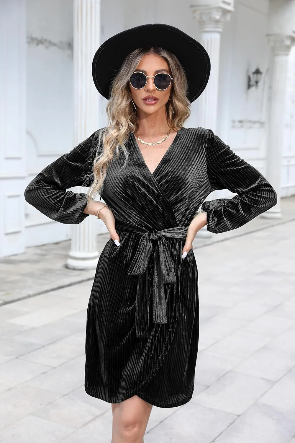Naggoo Women's Long Sleeve Wrap Dress Semi Formal Velvet Mini Dress Sexy V Neck Cocktail Party Club Dress