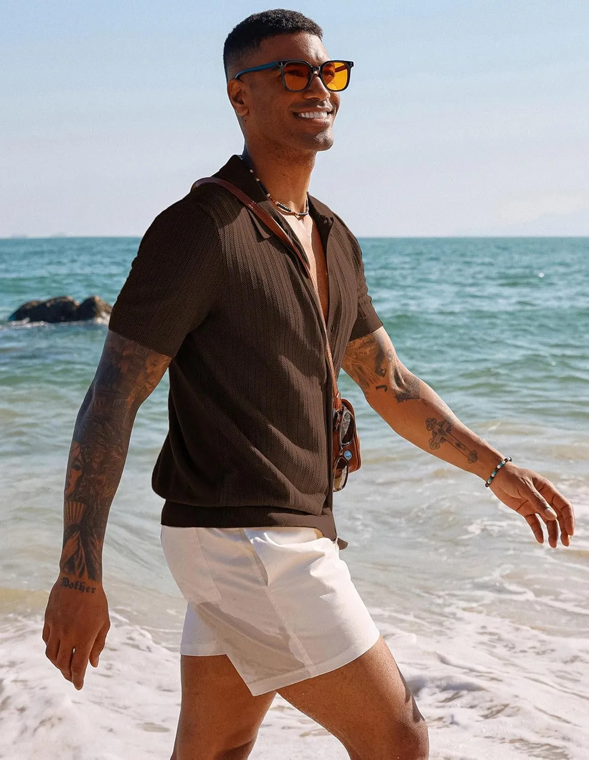 PJ PAUL JONES Mens Knit Shirt Short Sleeve Summer Hollow Out Shirt Beach Button Down Shirt
