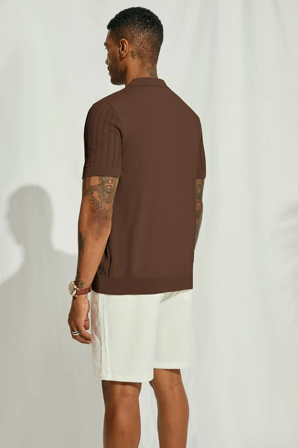 PJ PAUL JONES Mens Knit Shirt Short Sleeve Summer Hollow Out Shirt Beach Button Down Shirt