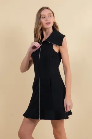 Pointed Collar Front Zip Dress