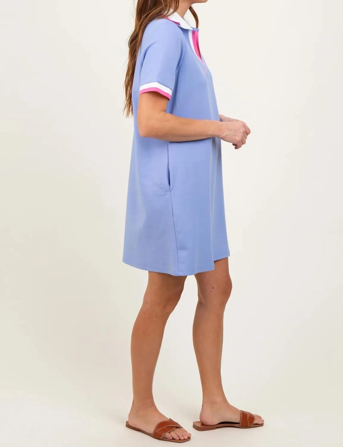 Polo Mini Dress for Women Casual V Neck Short Sleeves Tennis Dress Contrast Trim Shirt Dress with Pockets