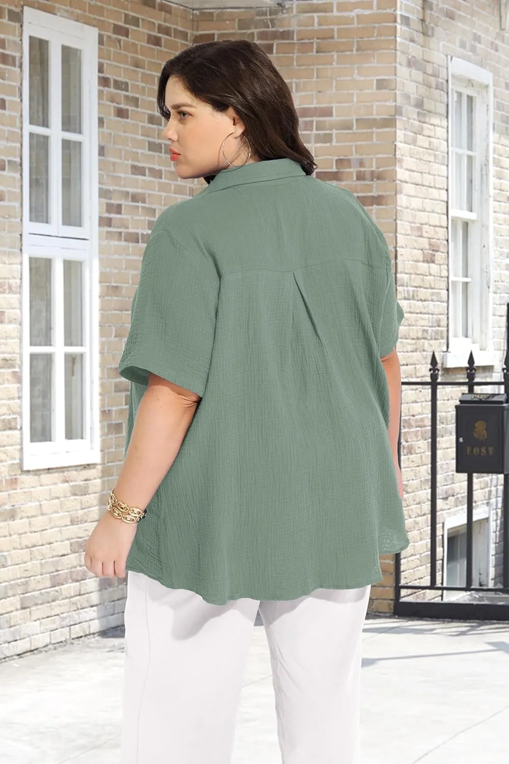 RITERA Womens Plus Size Tops Button Down Roll-Up Cuffed Short Sleeve Casual Shirts Collared Summer Lightweight Blouse XL-5XL