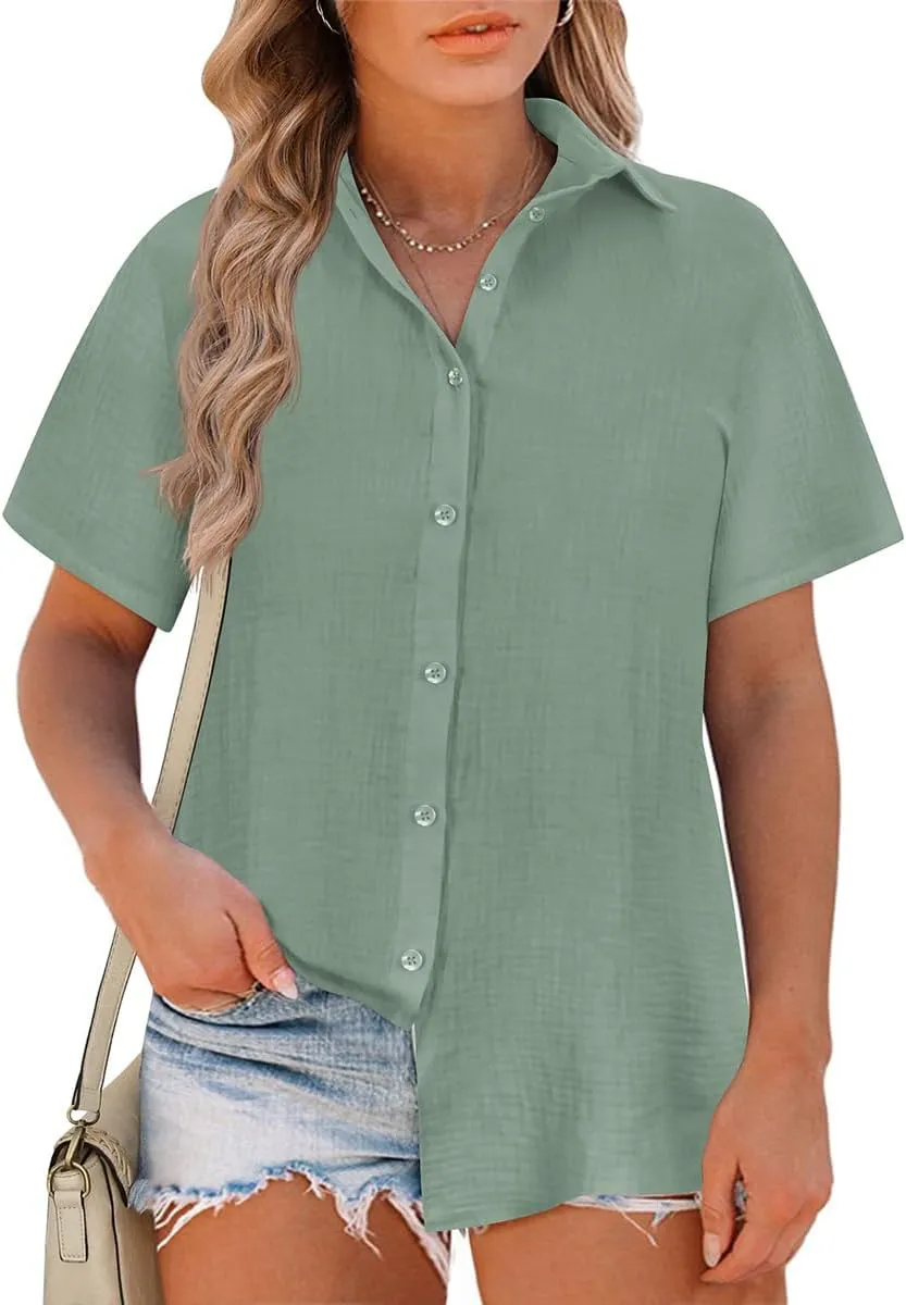 RITERA Womens Plus Size Tops Button Down Roll-Up Cuffed Short Sleeve Casual Shirts Collared Summer Lightweight Blouse XL-5XL