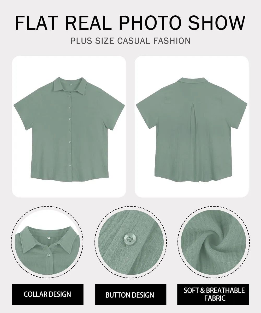 RITERA Womens Plus Size Tops Button Down Roll-Up Cuffed Short Sleeve Casual Shirts Collared Summer Lightweight Blouse XL-5XL