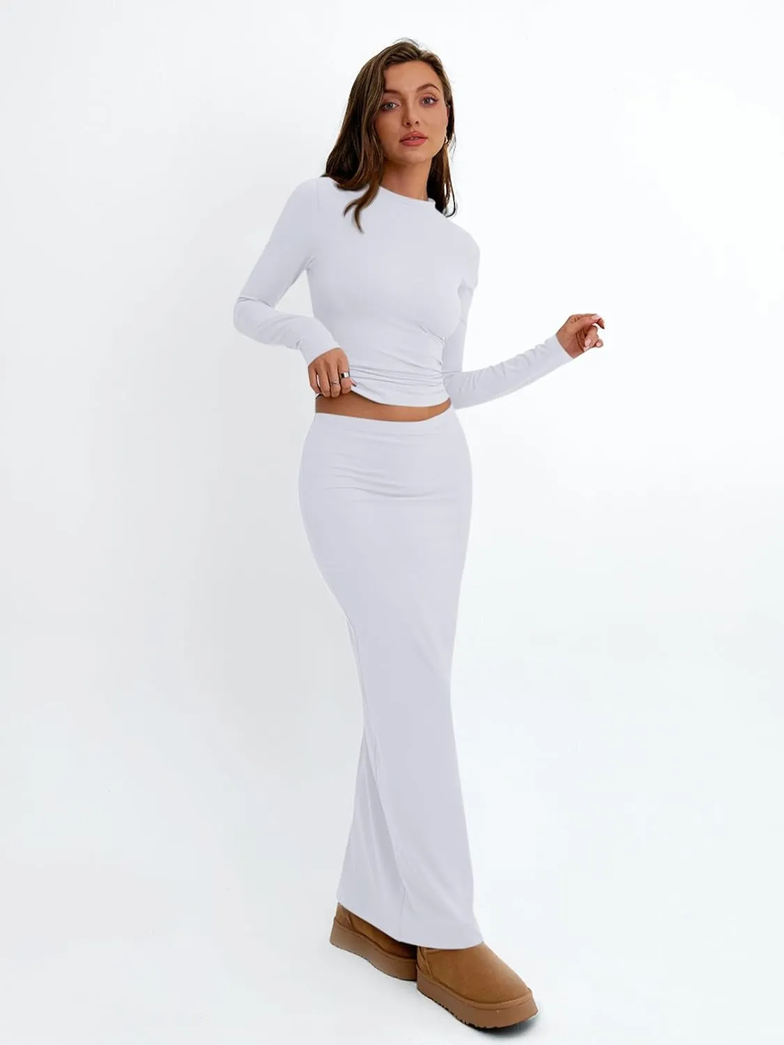 Trendy Queen 2 Piece Skirts Sets for Women Long Sleeve Crew Neck Crop Tops Bodycon Maxi Matching Clothes