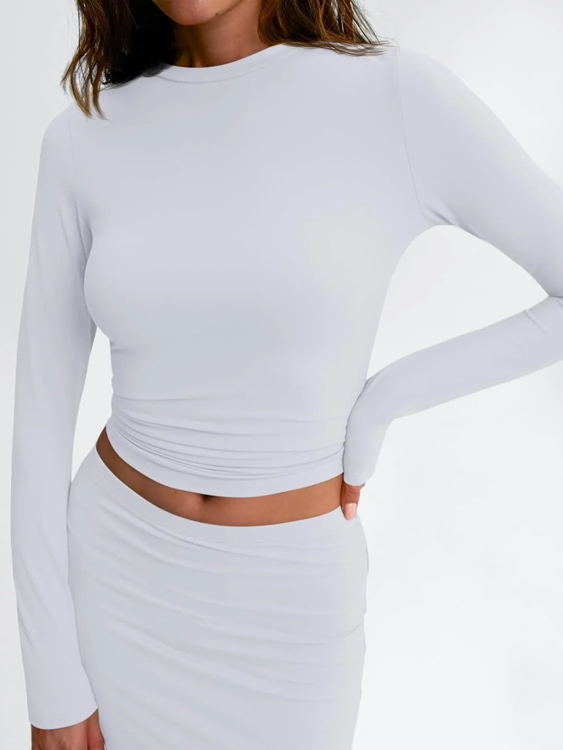 Trendy Queen 2 Piece Skirts Sets for Women Long Sleeve Crew Neck Crop Tops Bodycon Maxi Matching Clothes