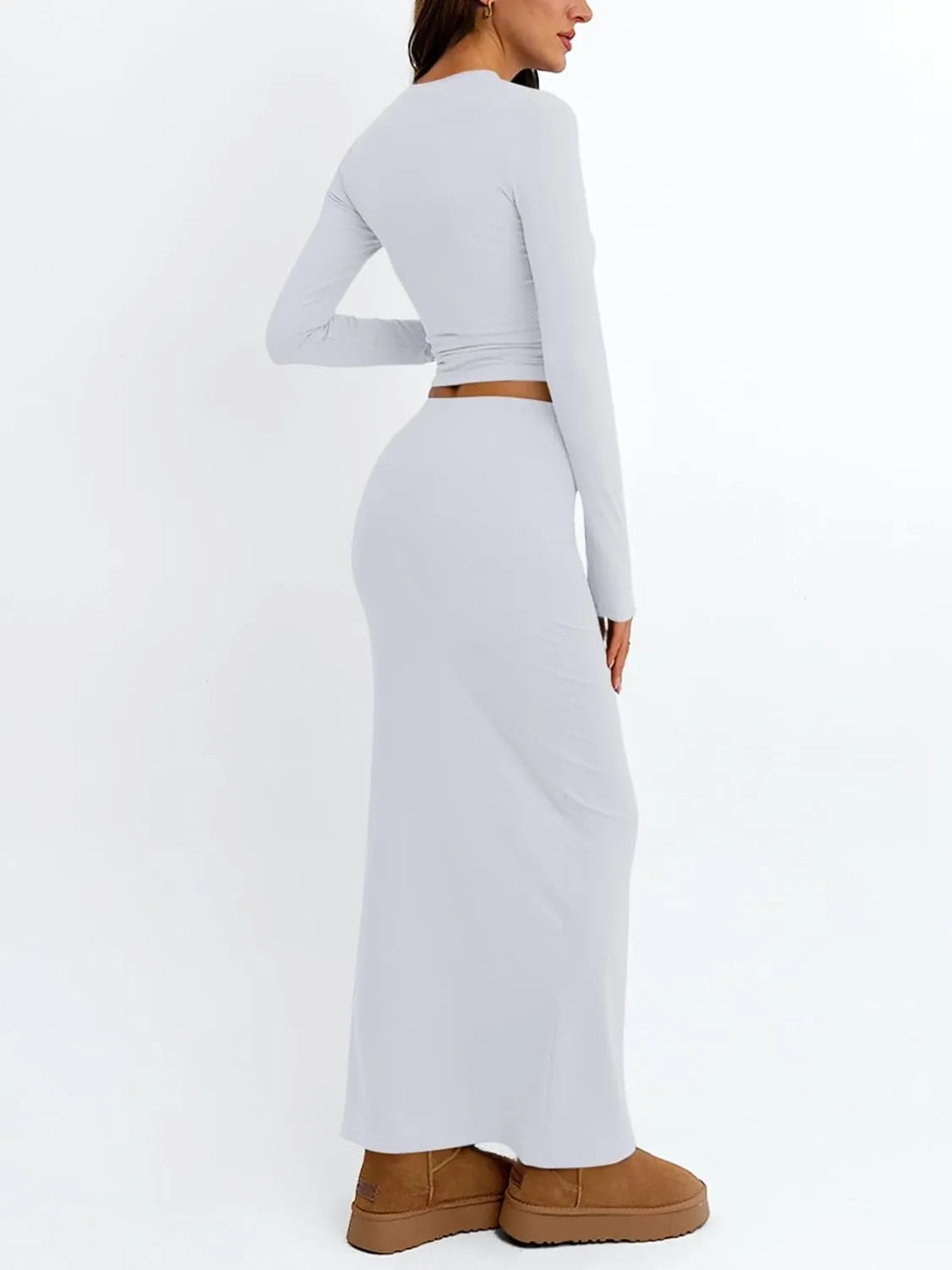 Trendy Queen 2 Piece Skirts Sets for Women Long Sleeve Crew Neck Crop Tops Bodycon Maxi Matching Clothes