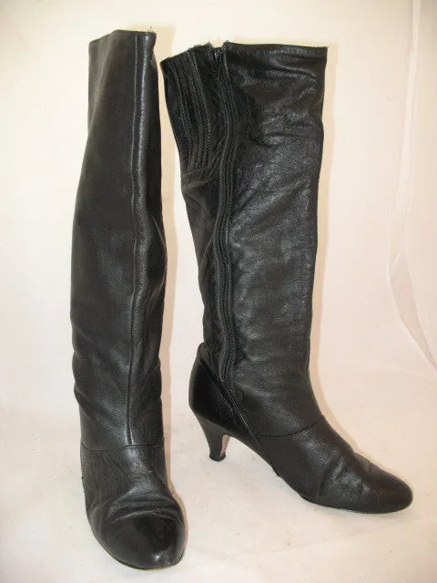 USA MADE VINTAGE Womens BLACK LEATHER Knee High Classic BOOTS Heels SHOES size 6