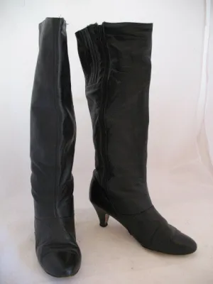USA MADE VINTAGE Womens BLACK LEATHER Knee High Classic BOOTS Heels SHOES size 6
