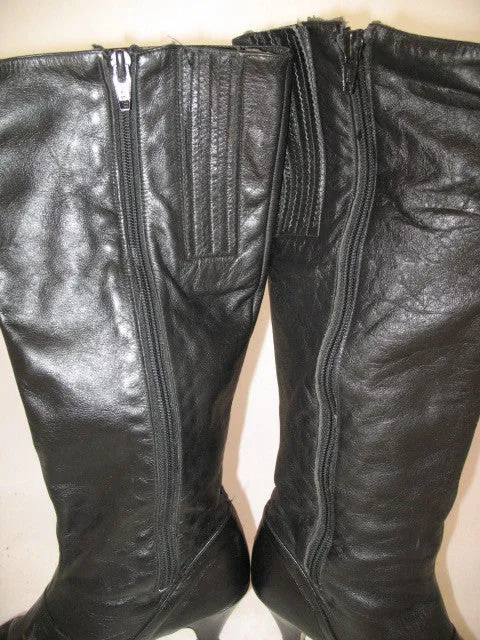 USA MADE VINTAGE Womens BLACK LEATHER Knee High Classic BOOTS Heels SHOES size 6