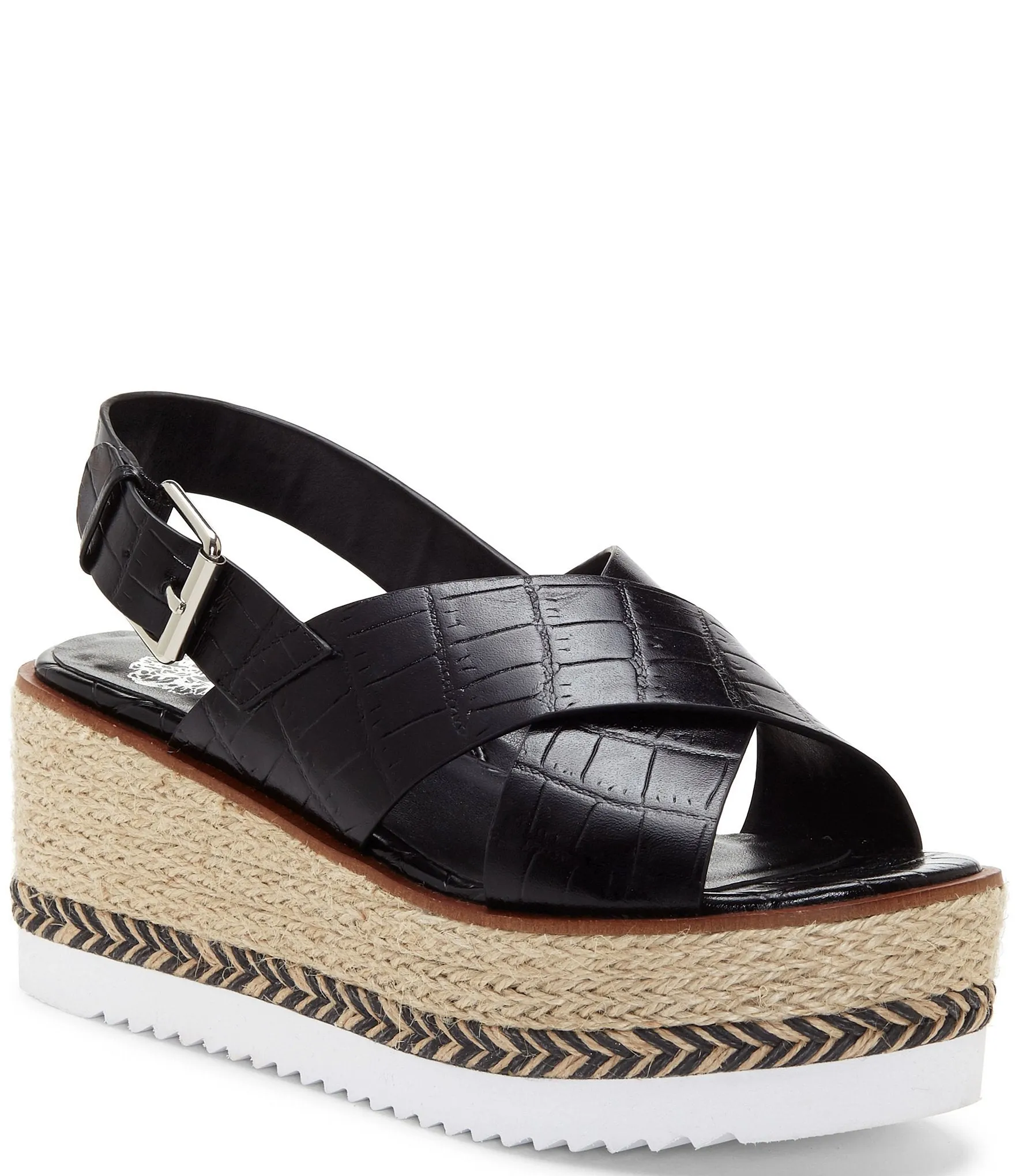 Vince Camuto Marietten Black Croco Cross Strap Wedge Espadrilles