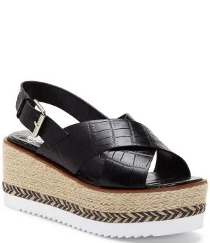 Vince Camuto Marietten Black Croco Cross Strap Wedge Espadrilles