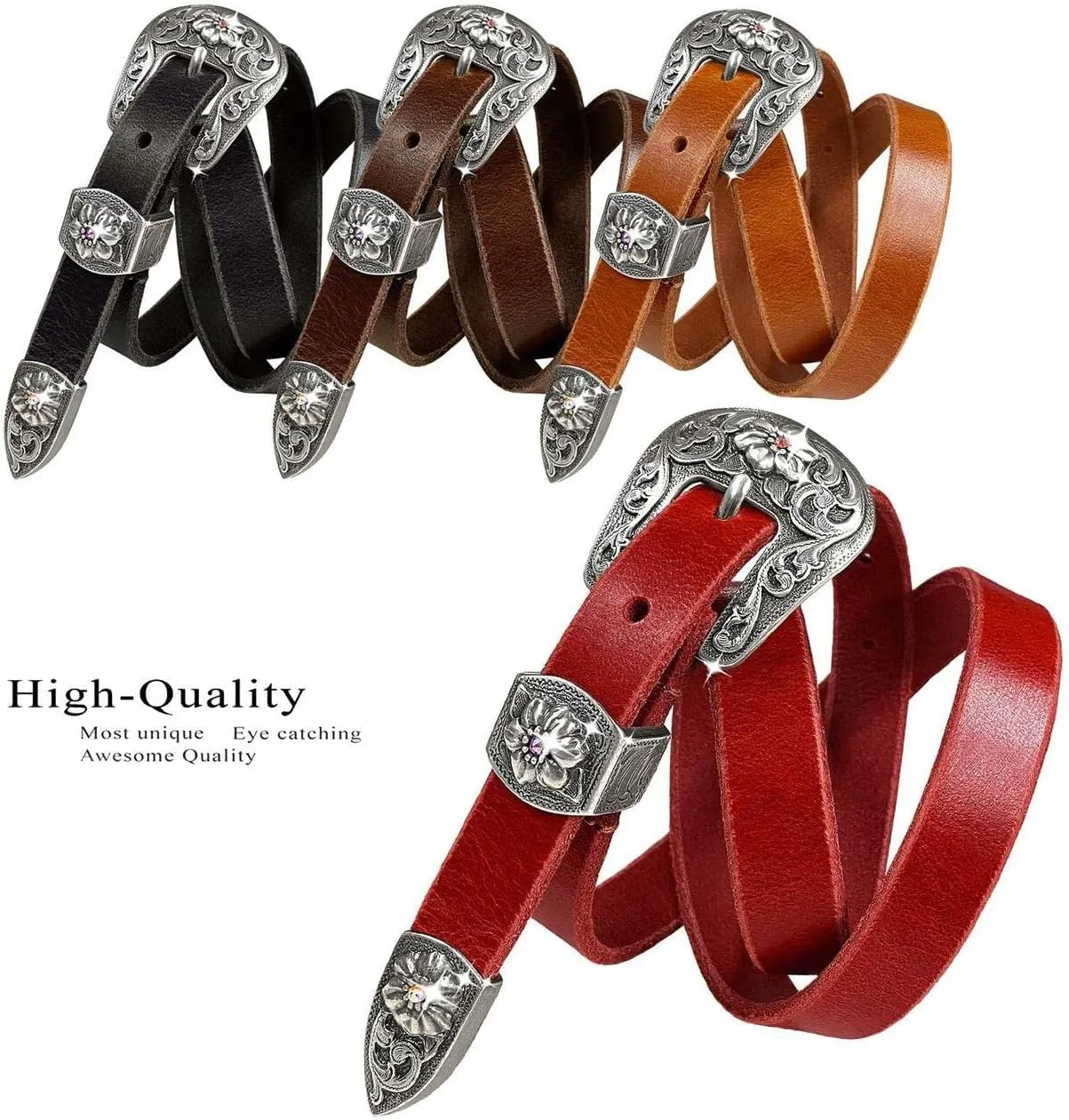 Women' Dress Belt Skinny Belt Ladies Waist Belt Genuine Full leather Belt 3/4" or 1" Wide, Multi-Style Options