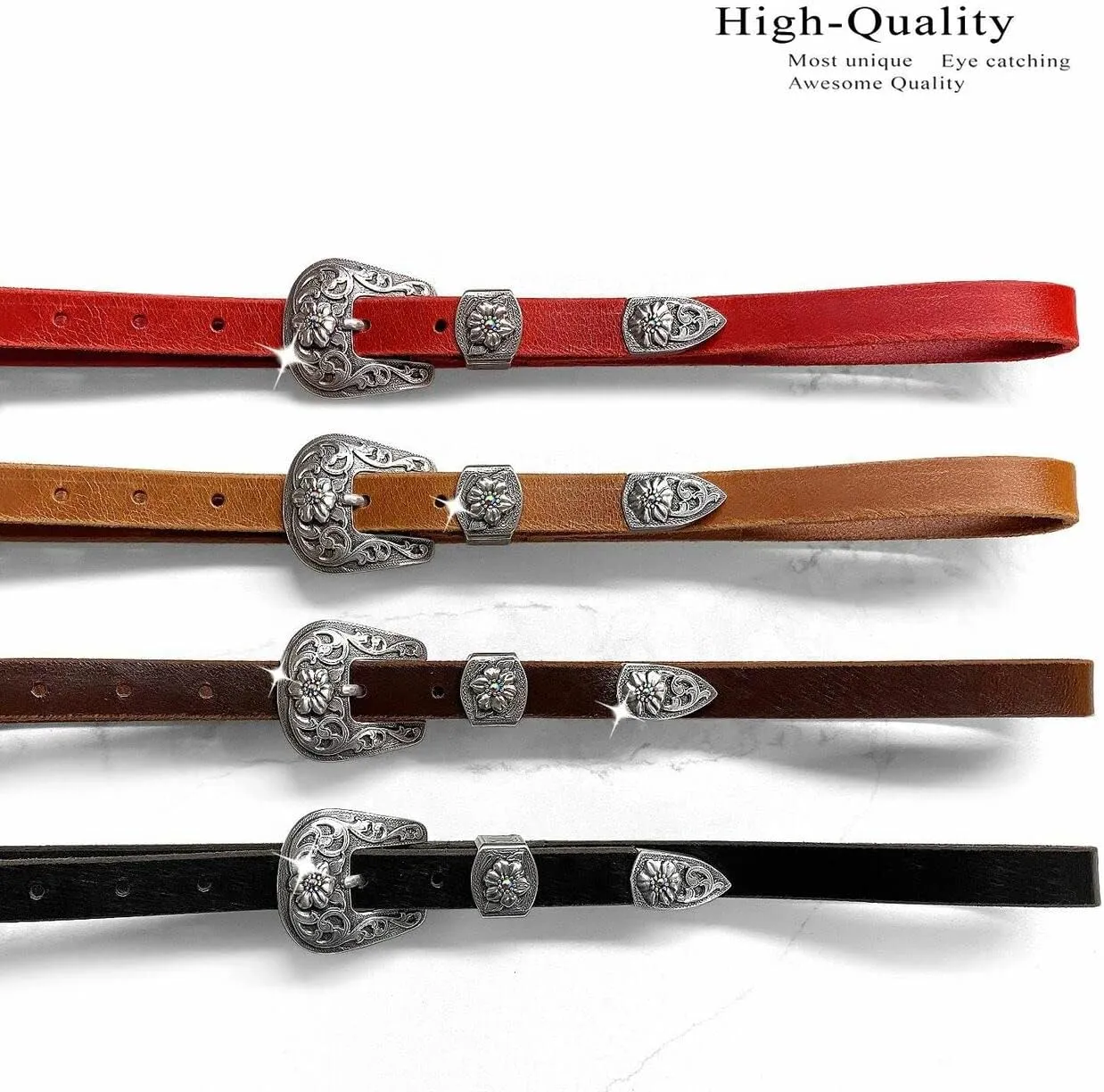Women' Dress Belt Skinny Belt Ladies Waist Belt Genuine Full leather Belt 3/4" or 1" Wide, Multi-Style Options