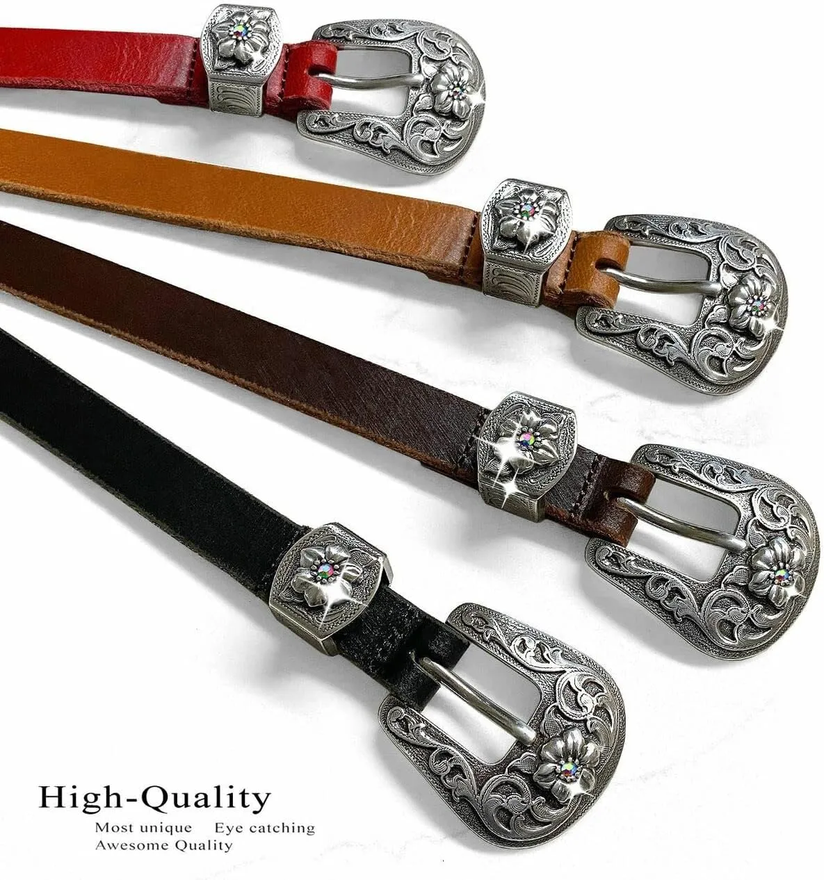 Women' Dress Belt Skinny Belt Ladies Waist Belt Genuine Full leather Belt 3/4" or 1" Wide, Multi-Style Options