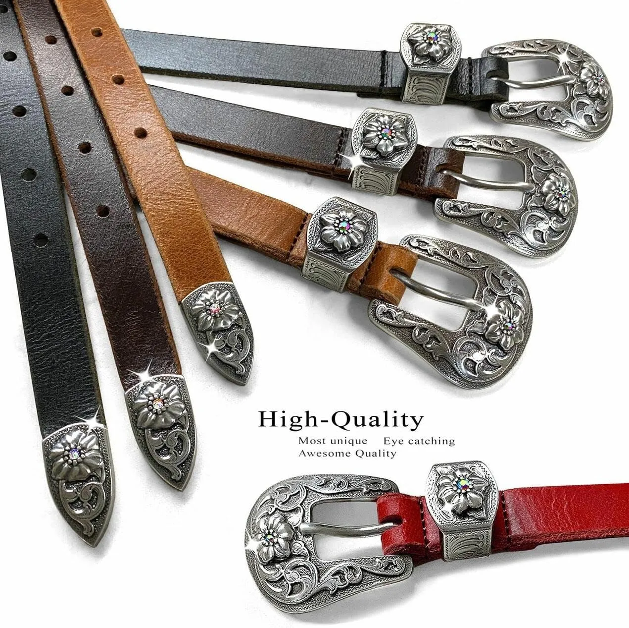 Women' Dress Belt Skinny Belt Ladies Waist Belt Genuine Full leather Belt 3/4" or 1" Wide, Multi-Style Options