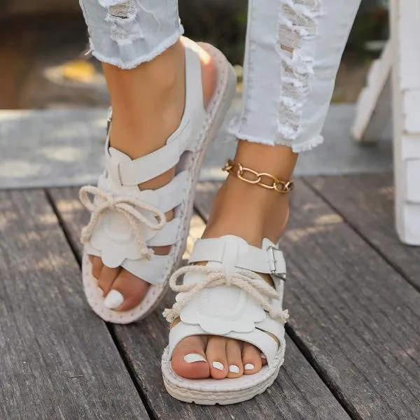 Women's Casual Bow Buckle Hemp Rope Woven Flat Sandals 40658993S