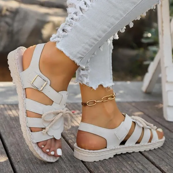 Women's Casual Bow Buckle Hemp Rope Woven Flat Sandals 40658993S