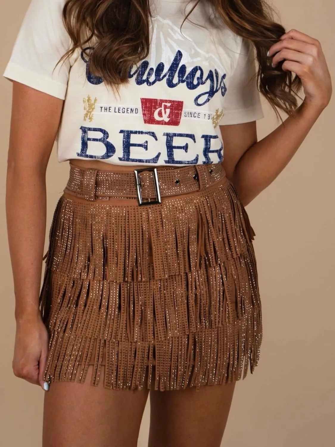 Womens Sparkle Rhinestone Fringe Skirt Elastic Waistband Short Mini Dress with Adjustable and Removable Belt