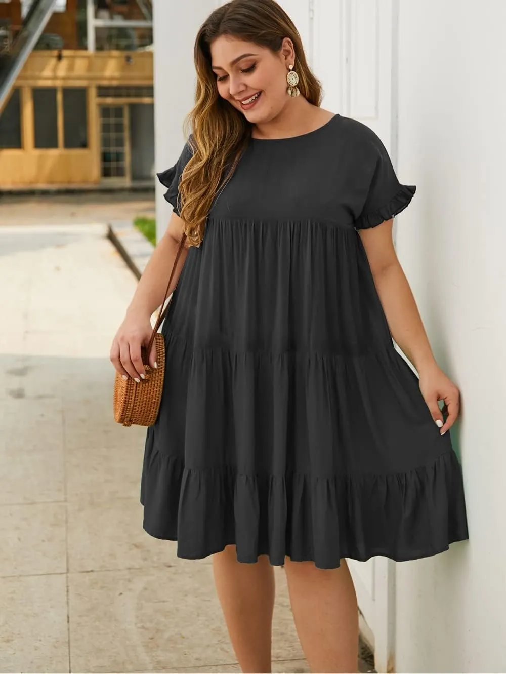 YOXUA Womens Plus Size Dress - Ruffle Short Sleeve Crewneck Color Block Loose Summer Beach Swing Dresses XL-4XL