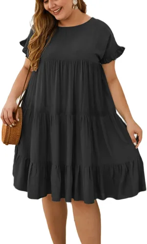 YOXUA Womens Plus Size Dress - Ruffle Short Sleeve Crewneck Color Block Loose Summer Beach Swing Dresses XL-4XL