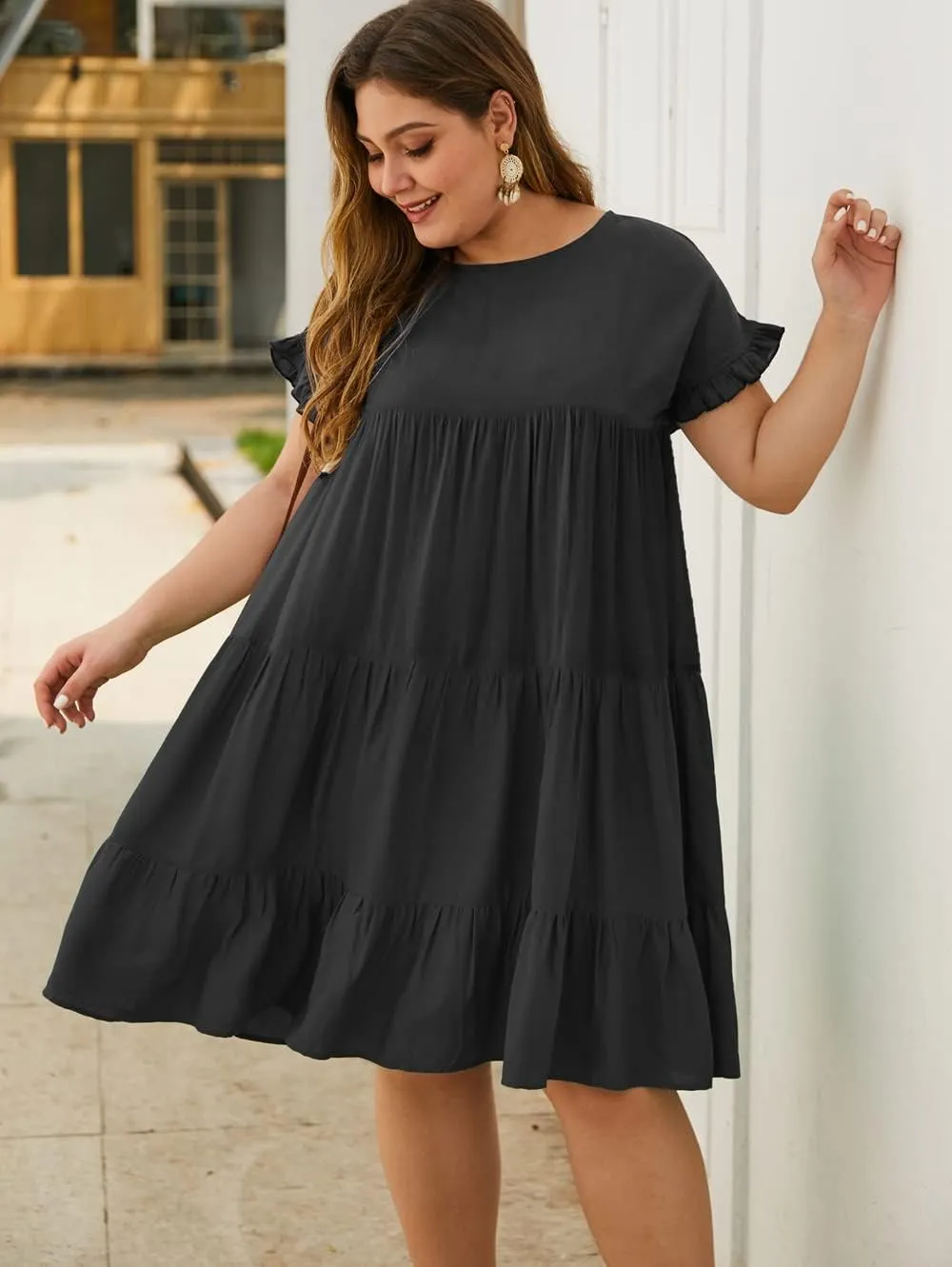YOXUA Womens Plus Size Dress - Ruffle Short Sleeve Crewneck Color Block Loose Summer Beach Swing Dresses XL-4XL