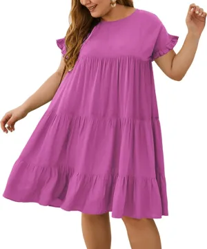 YOXUA Womens Plus Size Dress - Ruffle Short Sleeve Crewneck Color Block Loose Summer Beach Swing Dresses XL-4XL