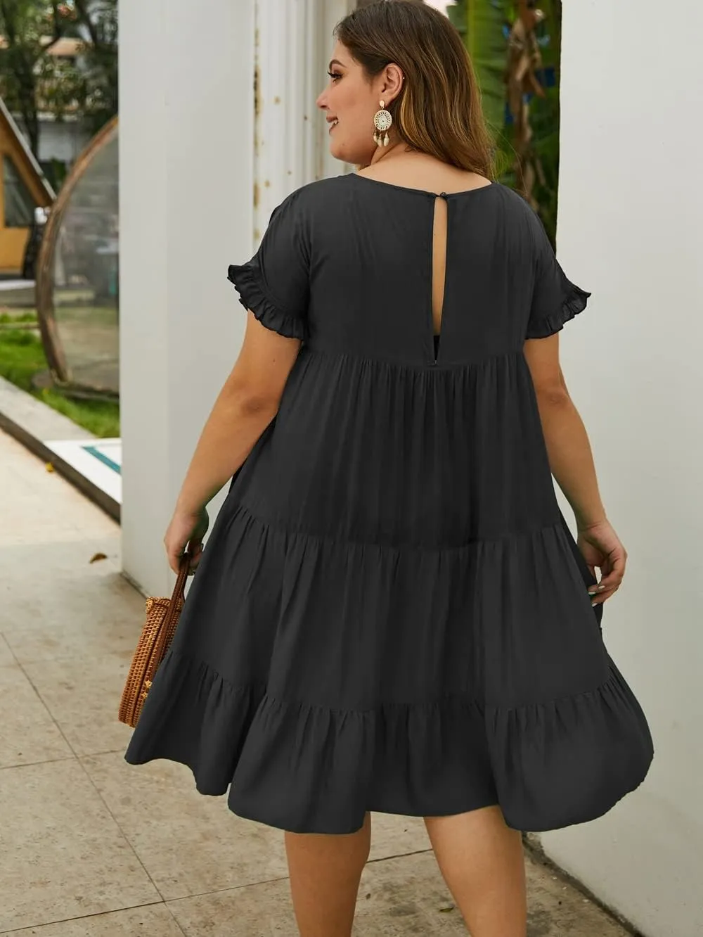 YOXUA Womens Plus Size Dress - Ruffle Short Sleeve Crewneck Color Block Loose Summer Beach Swing Dresses XL-4XL