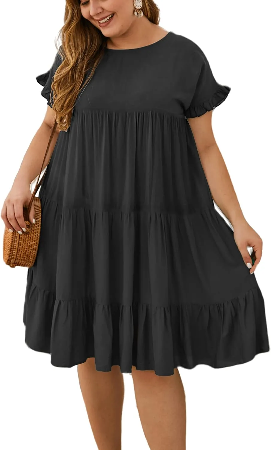 YOXUA Womens Plus Size Dress - Ruffle Short Sleeve Crewneck Color Block Loose Summer Beach Swing Dresses XL-4XL