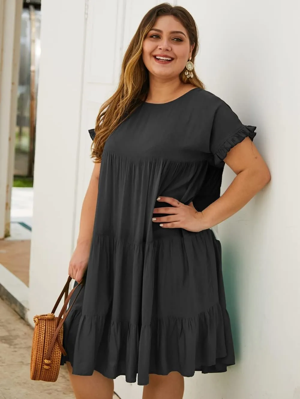 YOXUA Womens Plus Size Dress - Ruffle Short Sleeve Crewneck Color Block Loose Summer Beach Swing Dresses XL-4XL